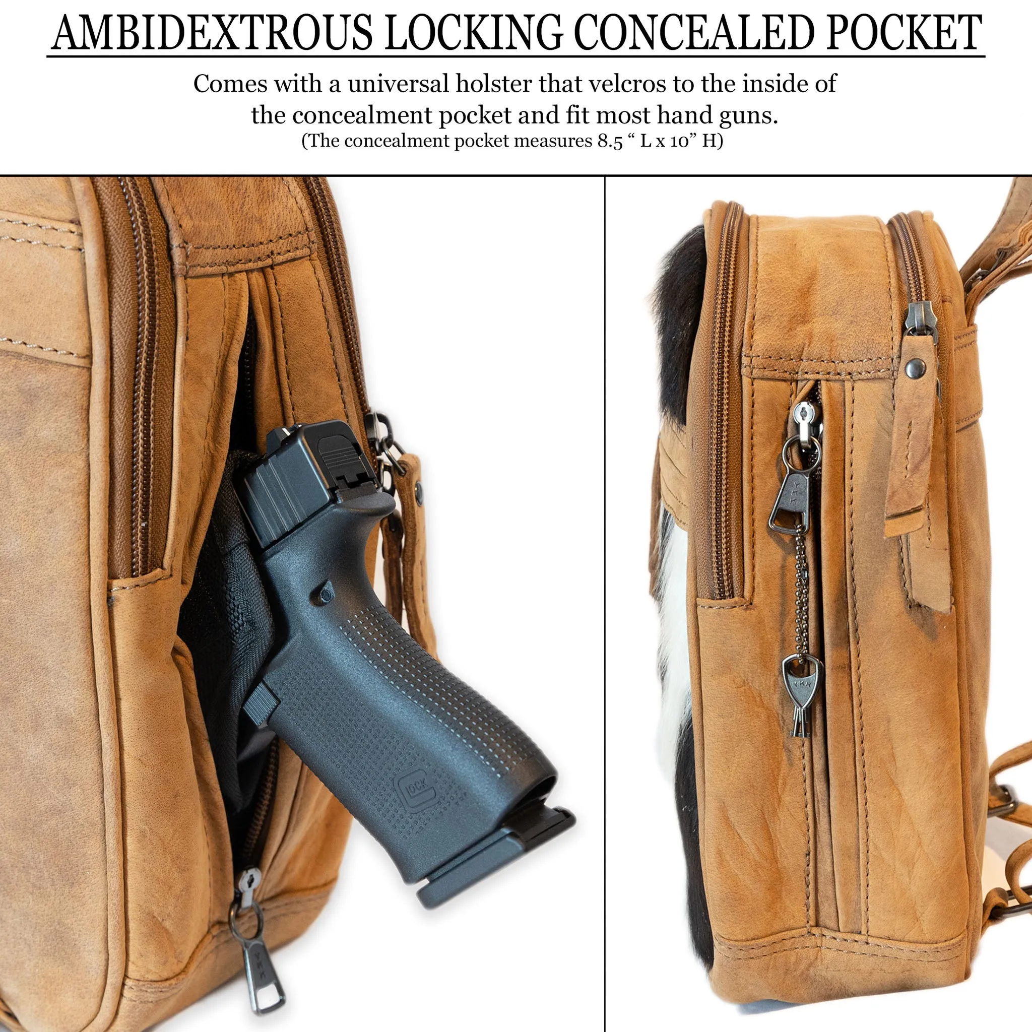 Daisy | Leather Concealed Carry Backpack or Sling | Hair-On Cowhide Accent | Locking Exterior Concealment Pocket | Travel or Commuting Bag