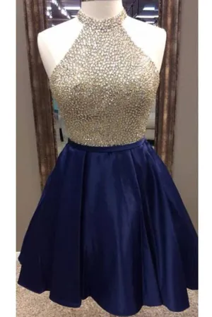 Dark Blue Satin Beading Sequins Halter A-line Short Homecoming/Prom Dress,Club Dresses OK319