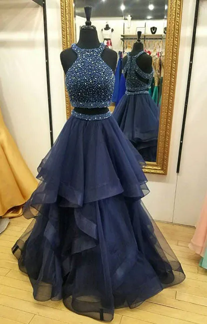 Dark blue two pieces beads long prom dress, formal dress