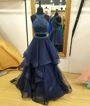 Dark blue two pieces beads long prom dress, formal dress