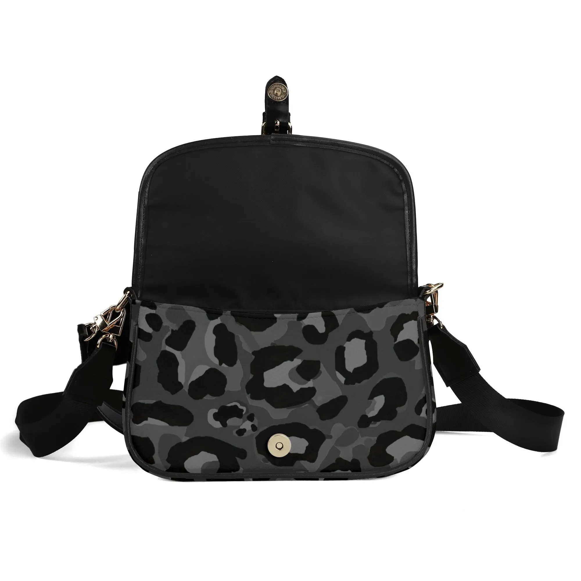 Dark Gray Leopard Print Womens Vegan Buckle Shoulder bag