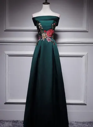 Dark Green Satin Long Party Dress with Embroidery, Green Prom Dress