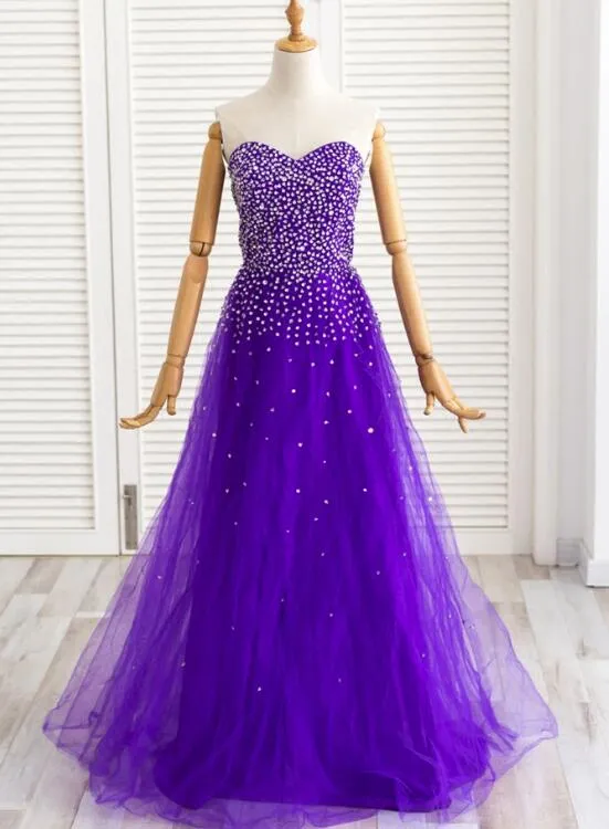 Dark Purple Beaded Tulle Long Tulle Party Dress, Gorgeous Formal Dress for Party