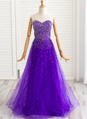 Dark Purple Beaded Tulle Long Tulle Party Dress, Gorgeous Formal Dress for Party