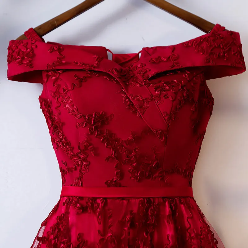 Dark Red Lace Off Shoulder Short Party Dress Formal Dress, Wine Red Homecoming Dresses