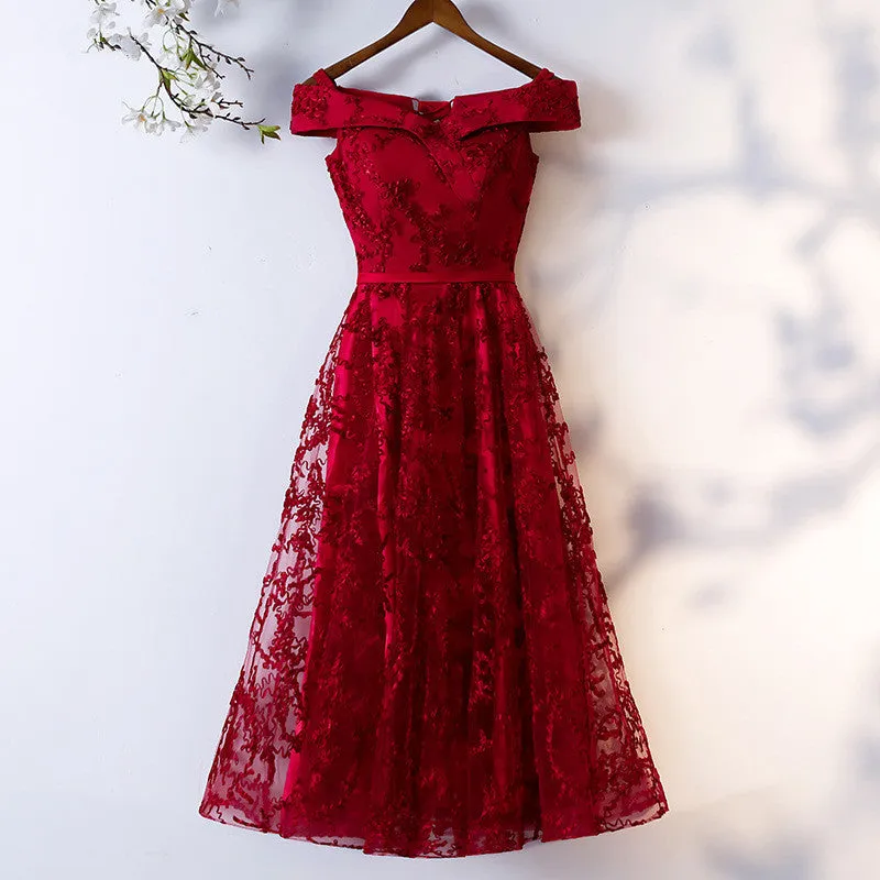 Dark Red Lace Off Shoulder Short Party Dress Formal Dress, Wine Red Homecoming Dresses