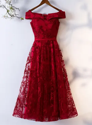 Dark Red Lace Off Shoulder Short Party Dress Formal Dress, Wine Red Homecoming Dresses