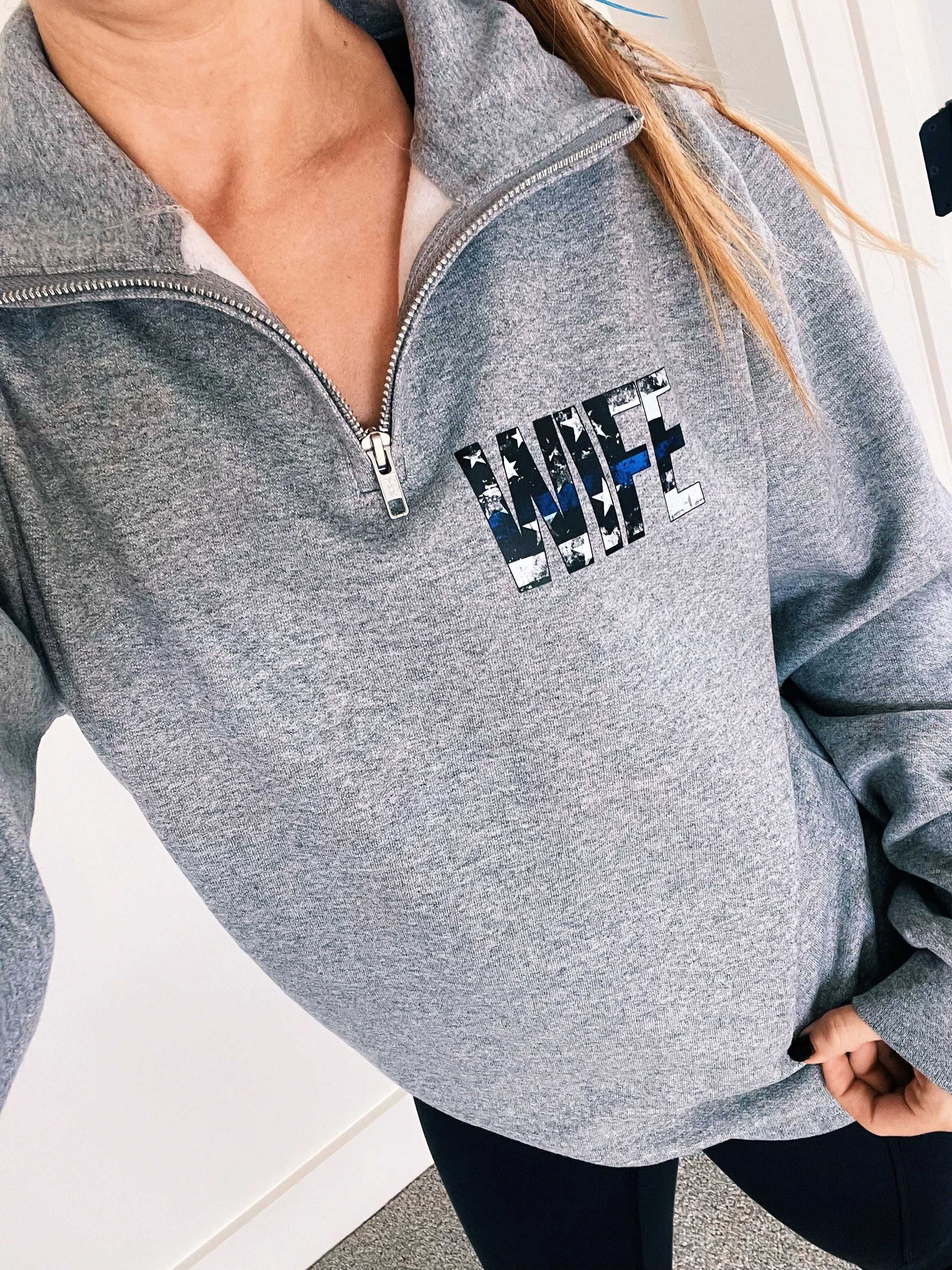 Distressed Wife Stars And Stripes © Pocket Print Unisex Quarter-Zip Sweatshirt (Oxford) // FINAL SALE