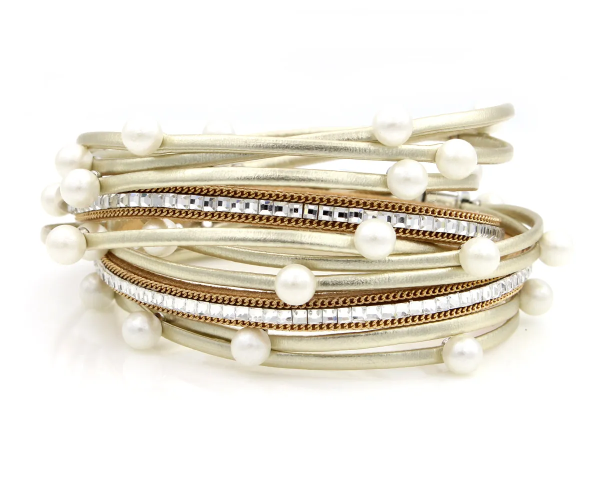 Double Wrap Pearl Gold Leather Bracelet
