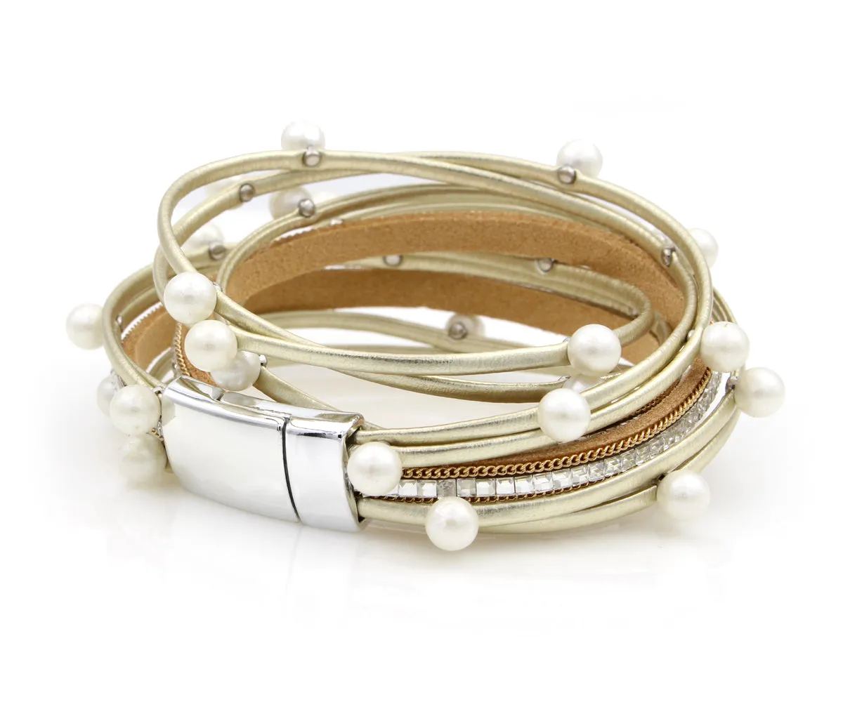 Double Wrap Pearl Gold Leather Bracelet
