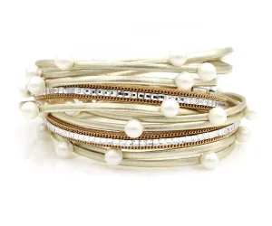 Double Wrap Pearl Gold Leather Bracelet
