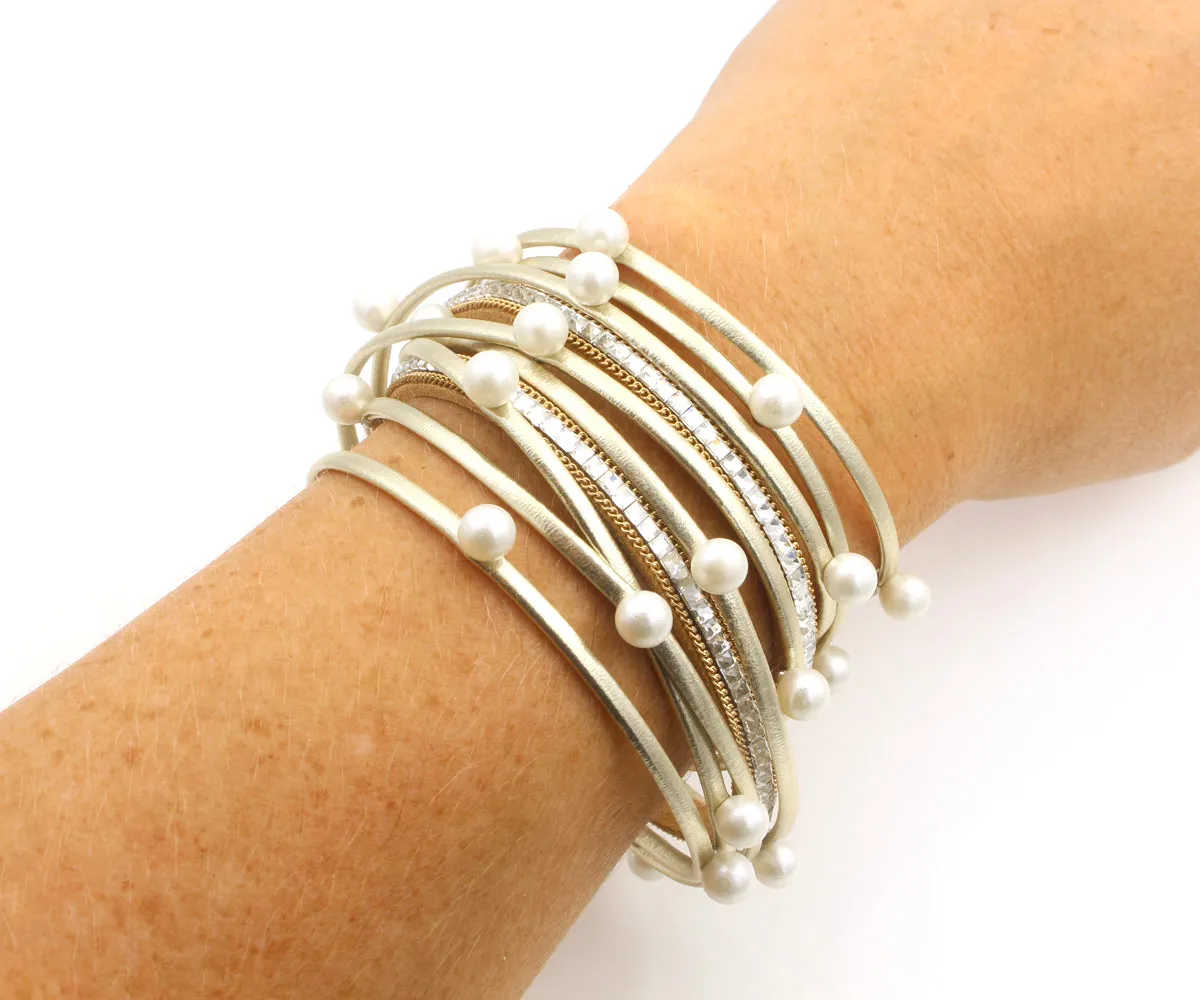 Double Wrap Pearl Gold Leather Bracelet