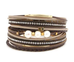Double Wrap Pearl Sparkly Brown Leather Bracelet