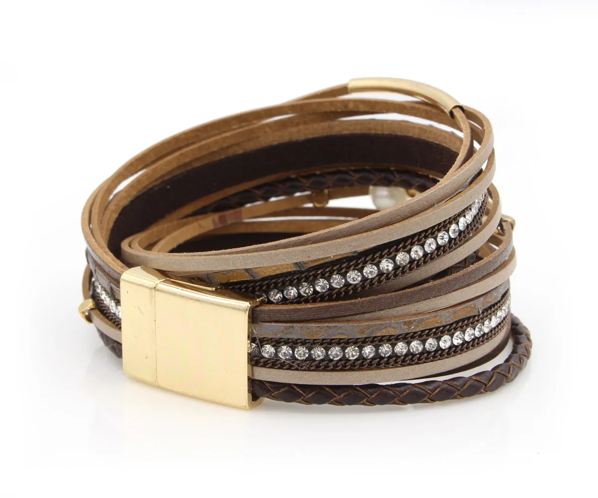 Double Wrap Pearl Sparkly Brown Leather Bracelet