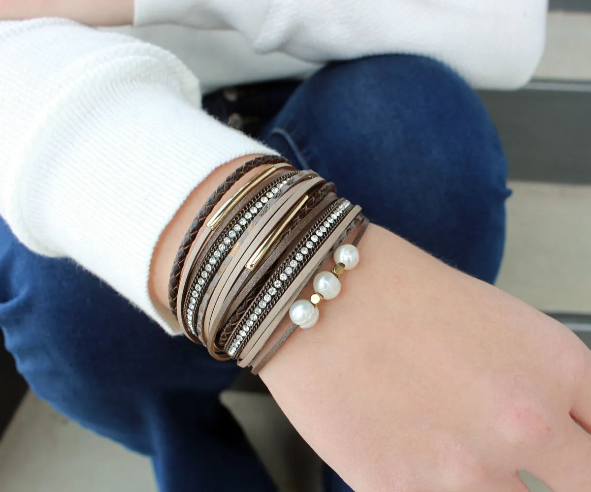 Double Wrap Pearl Sparkly Brown Leather Bracelet