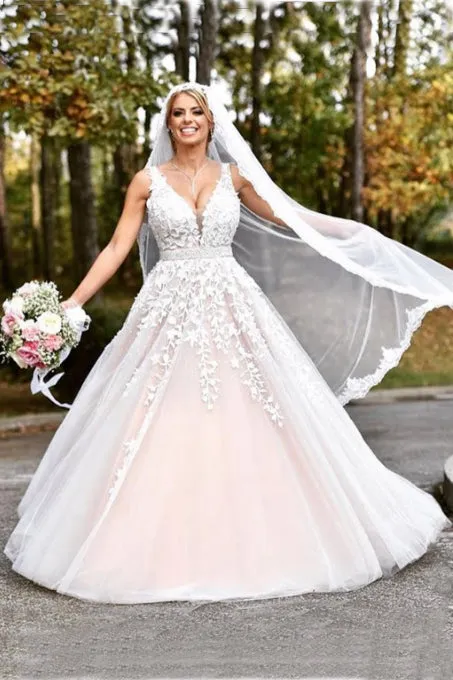 Elegant A-line Long V-neck Long Pink Lace Appliques Wedding Dresses OK678
