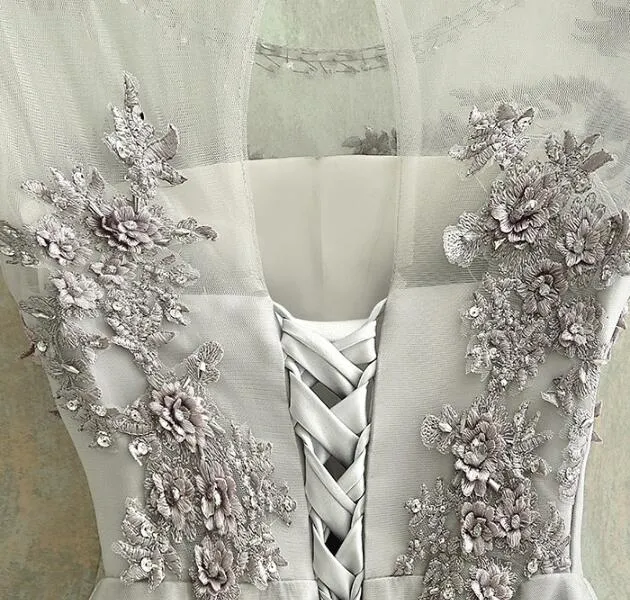 Elegant Grey Tulle Applique Formal Dress , Lovely Grey Prom Dresses