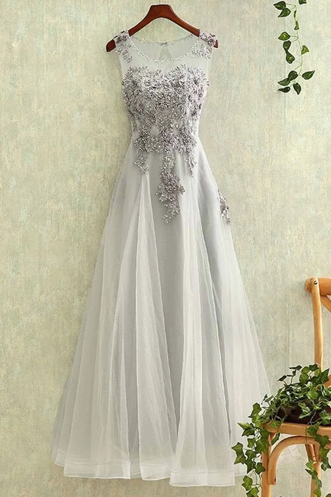 Elegant Grey Tulle Applique Formal Dress , Lovely Grey Prom Dresses