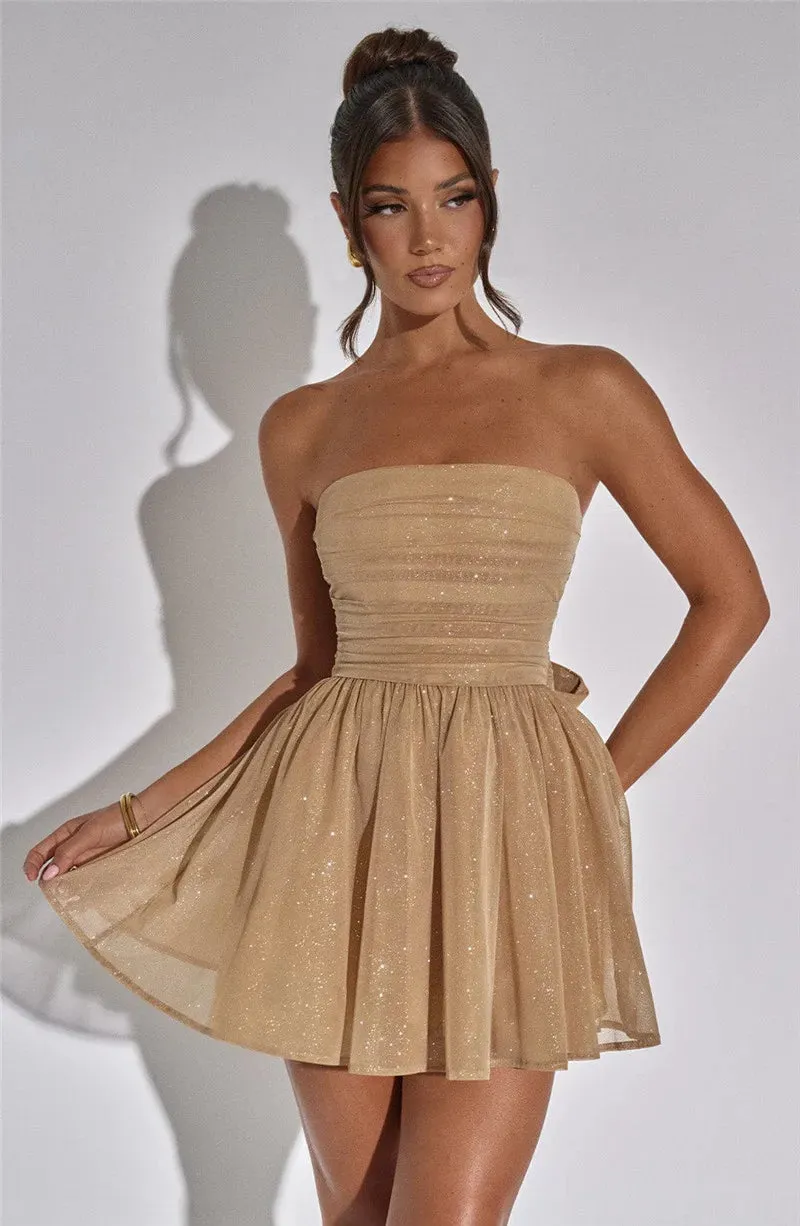 Elegant Strapless Sexy Mini Dress for Women Fashion Black Off-Shoulder Backless Pleated Sequins Sparkle Club Party Dress