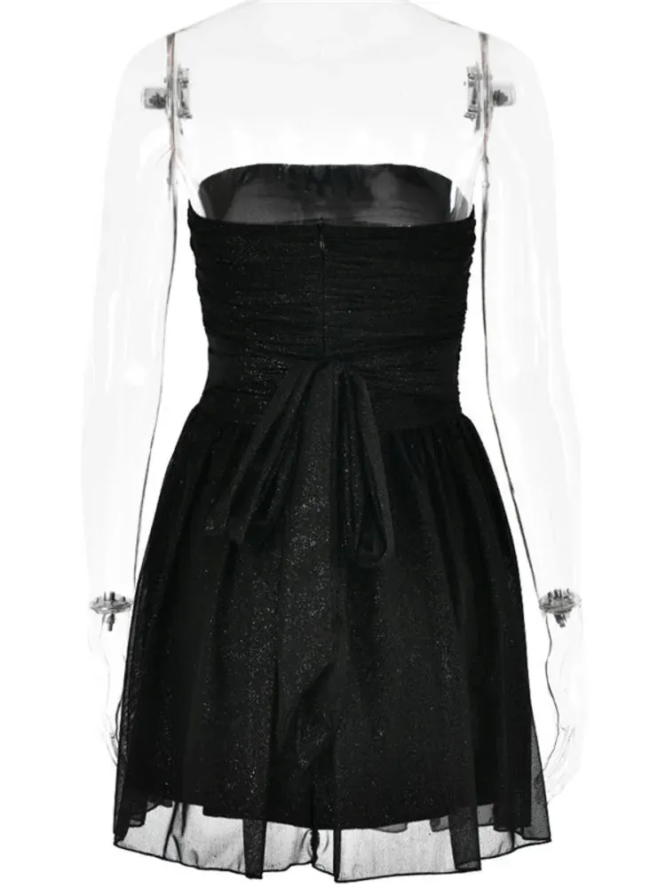 Elegant Strapless Sexy Mini Dress for Women Fashion Black Off-Shoulder Backless Pleated Sequins Sparkle Club Party Dress