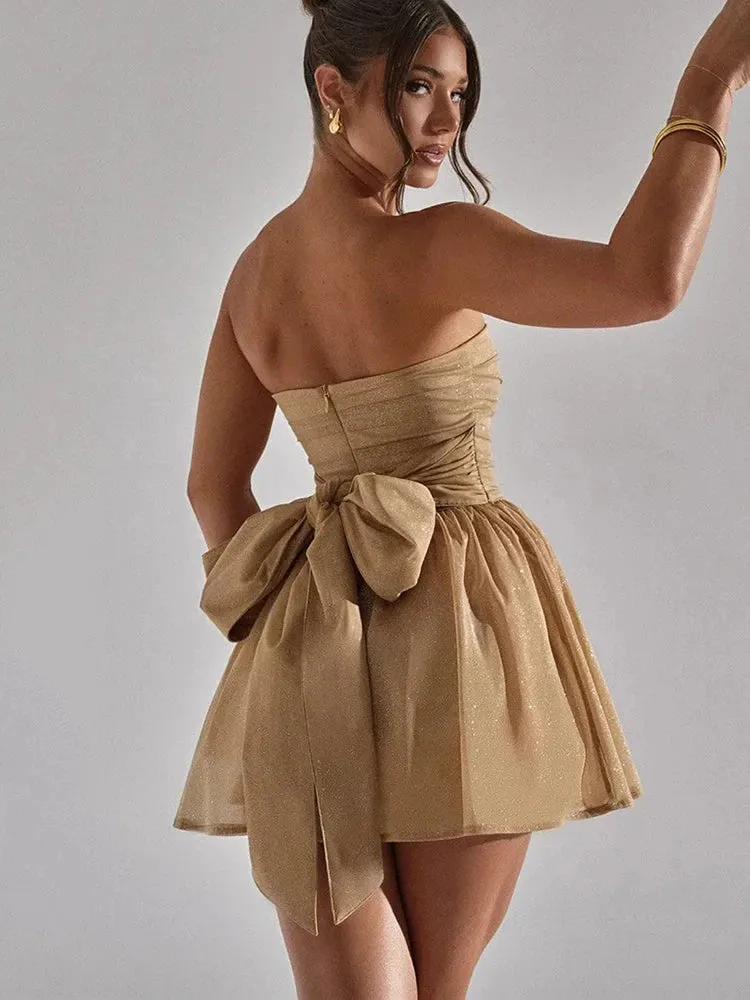 Elegant Strapless Sexy Mini Dress for Women Fashion Black Off-Shoulder Backless Pleated Sequins Sparkle Club Party Dress