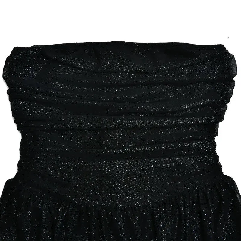 Elegant Strapless Sexy Mini Dress for Women Fashion Black Off-Shoulder Backless Pleated Sequins Sparkle Club Party Dress