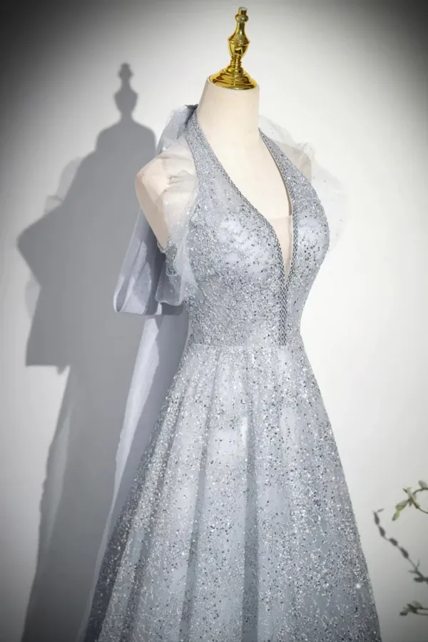 Elegant V Neck Tulle Sequins Long Prom Dress, Gray A Line Backless Party Dress APP1131