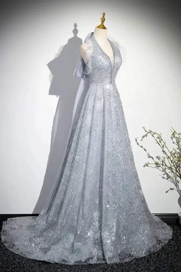 Elegant V Neck Tulle Sequins Long Prom Dress, Gray A Line Backless Party Dress APP1131