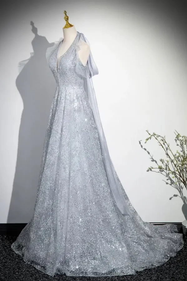 Elegant V Neck Tulle Sequins Long Prom Dress, Gray A Line Backless Party Dress APP1131
