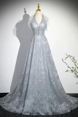 Elegant V Neck Tulle Sequins Long Prom Dress, Gray A Line Backless Party Dress APP1131