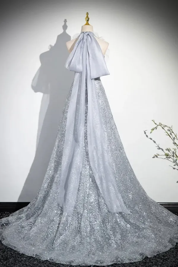 Elegant V Neck Tulle Sequins Long Prom Dress, Gray A Line Backless Party Dress APP1131