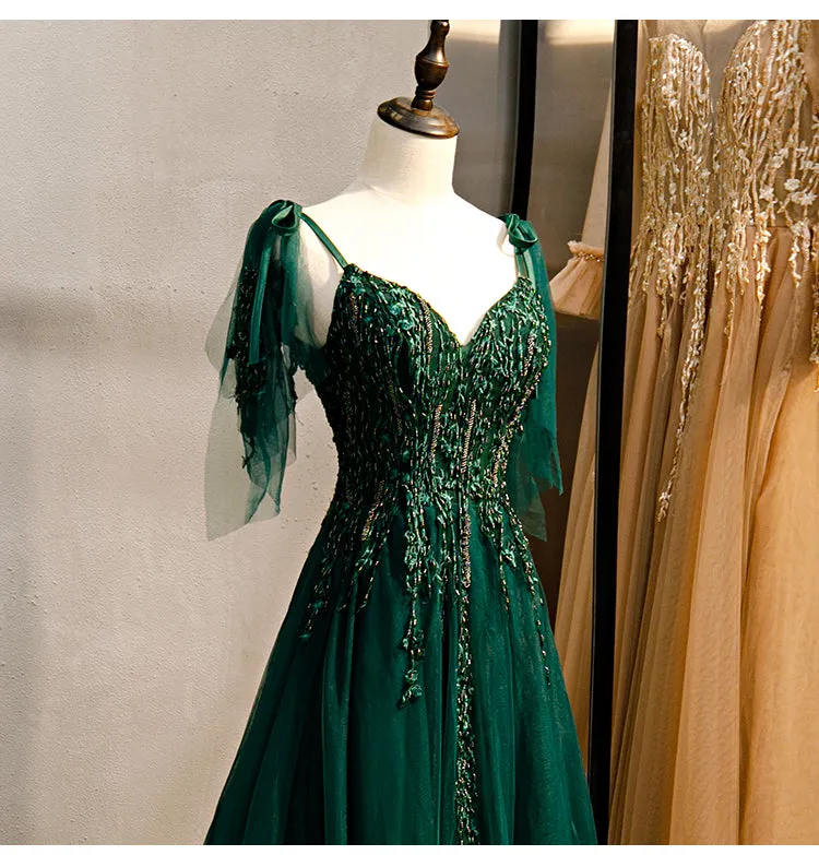 Elegant V-neckline Straps Tulle Long Junior Prom Dress, Green Prom Dress