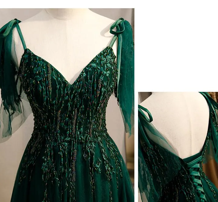 Elegant V-neckline Straps Tulle Long Junior Prom Dress, Green Prom Dress