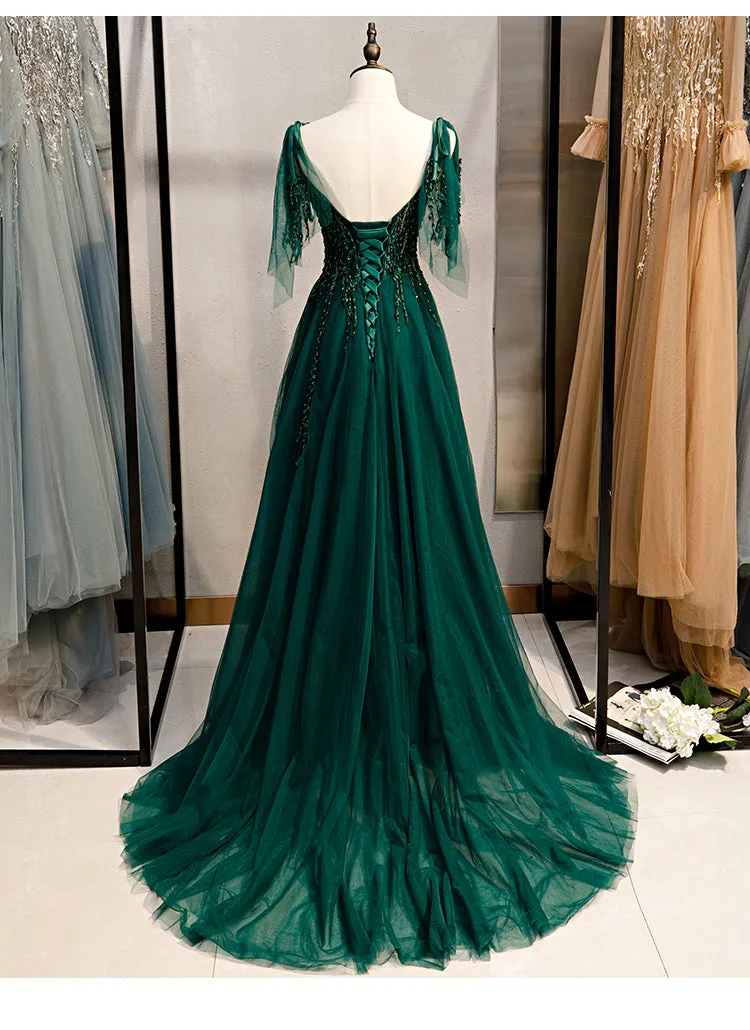 Elegant V-neckline Straps Tulle Long Junior Prom Dress, Green Prom Dress