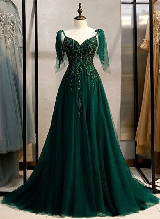 Elegant V-neckline Straps Tulle Long Junior Prom Dress, Green Prom Dress