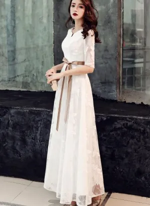 Elegant White Lace Long Short Sleeves Wedding Party Dress with Bow, Evening Dress