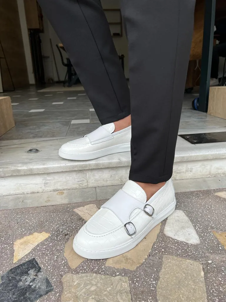 Empire White Crocodile Pattern Monk Strap Casual Shoes