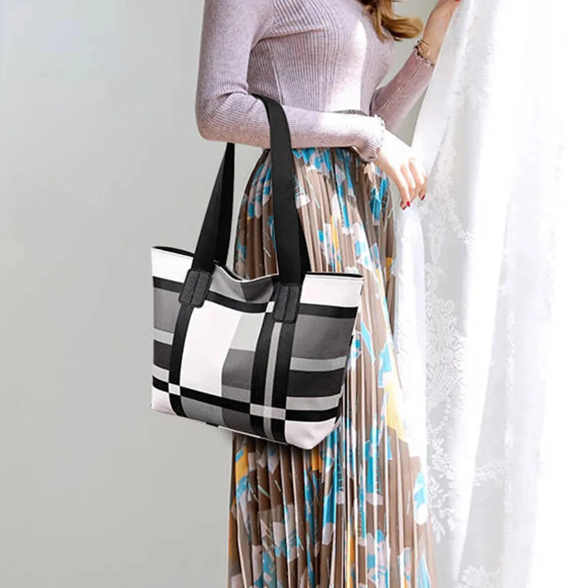 Fashionable Striped Plaid Tote Bag for Women