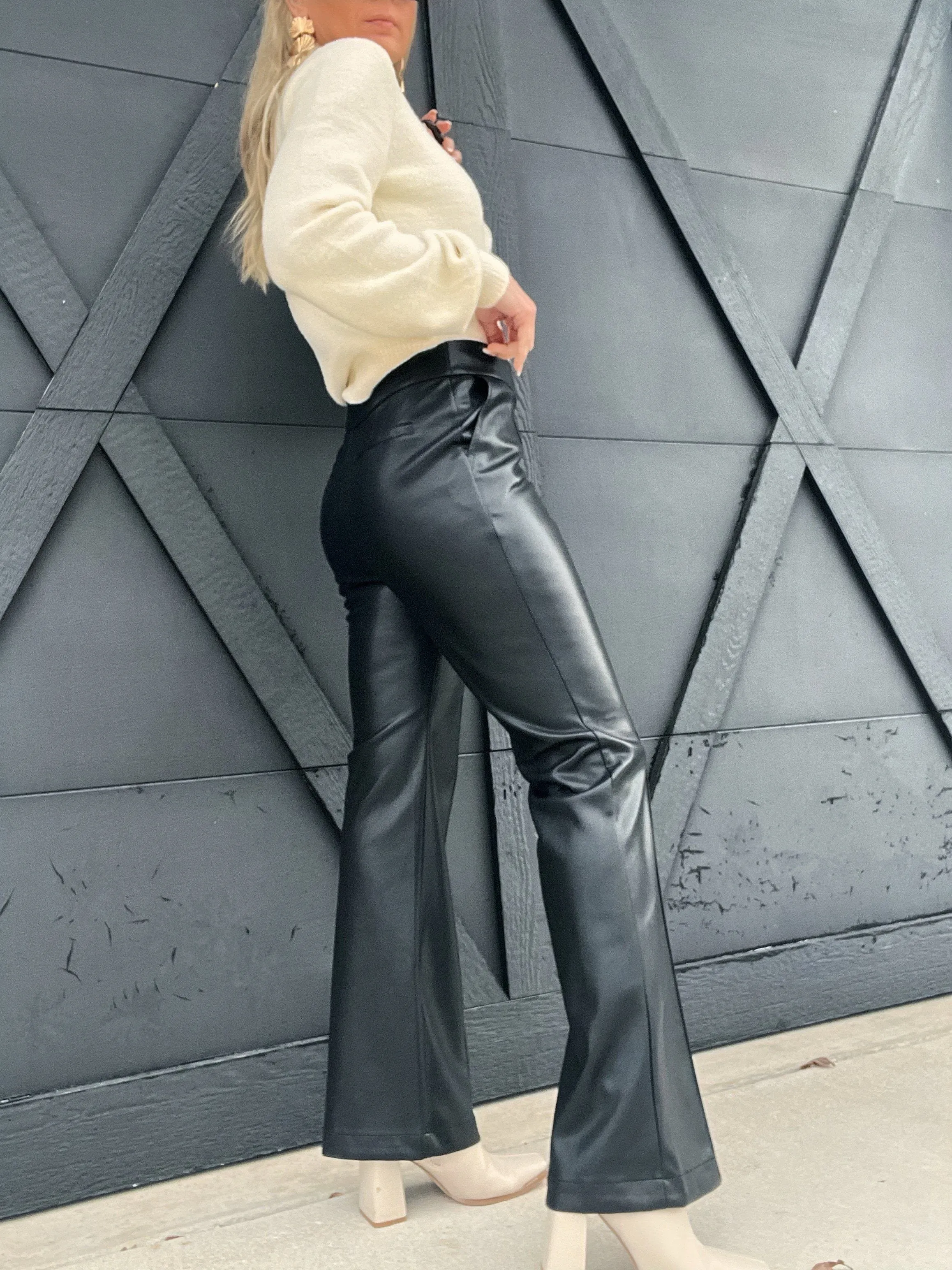 Faux Ever Leather Flare Trouser-Black