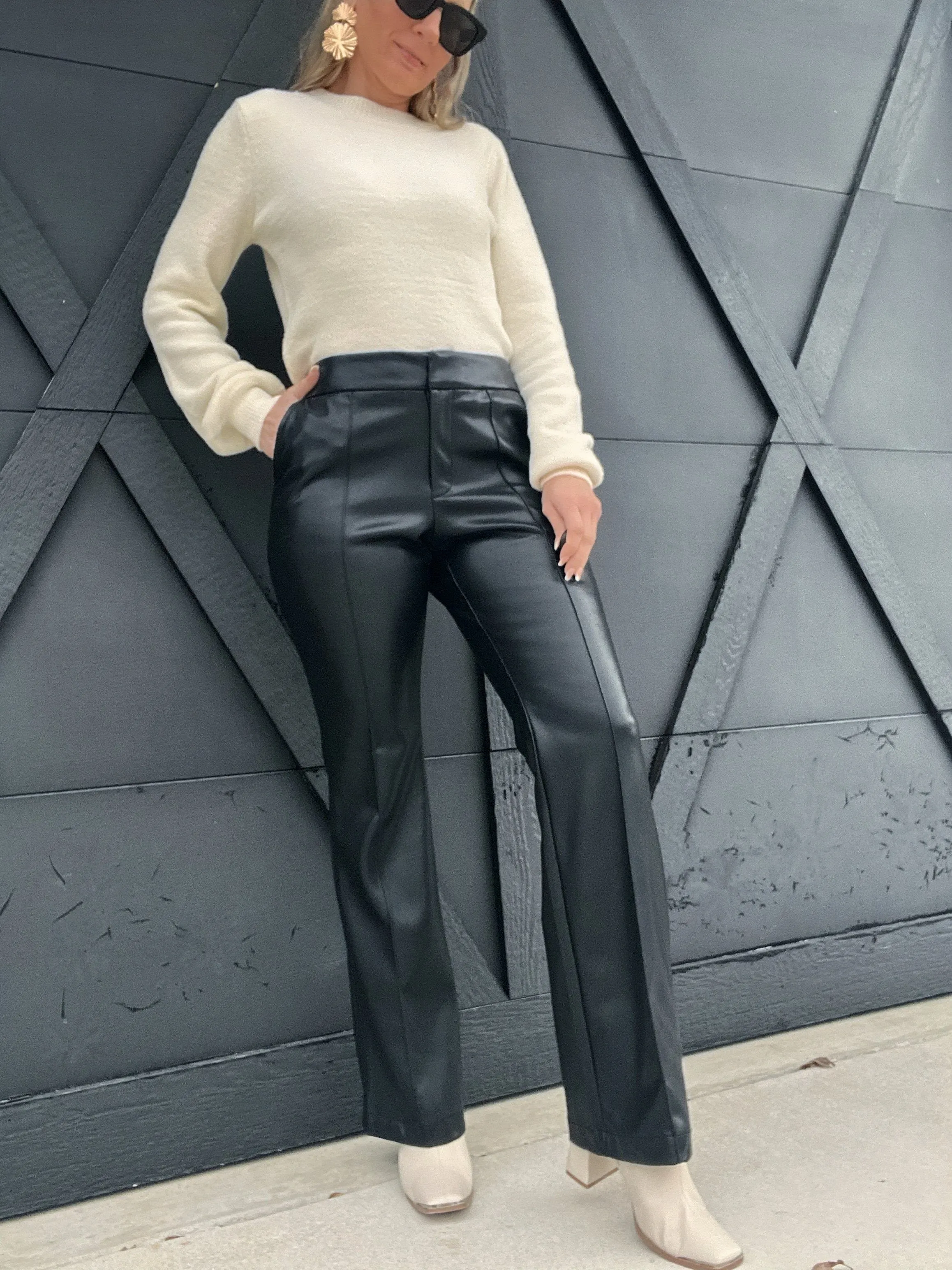 Faux Ever Leather Flare Trouser-Black
