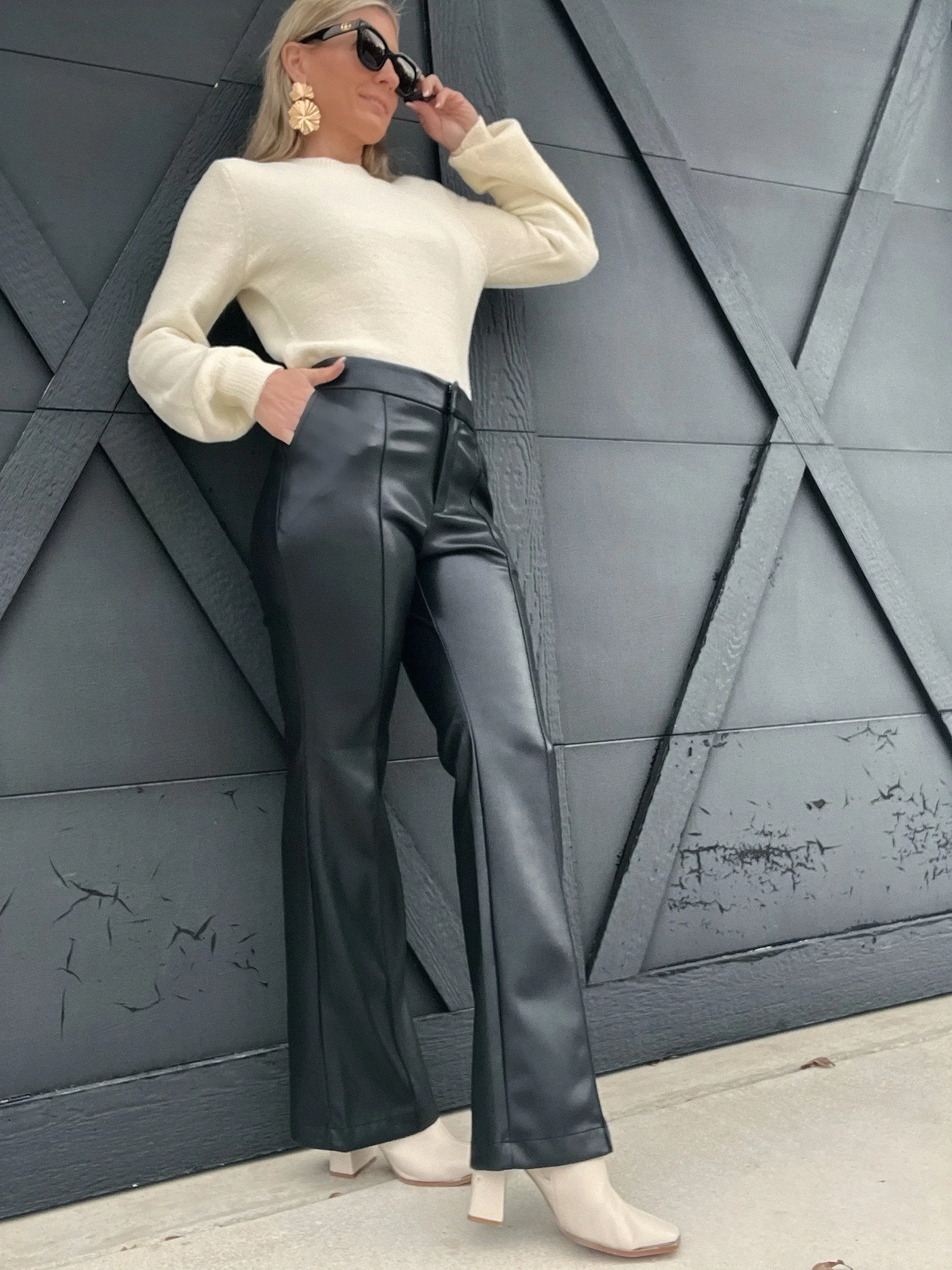Faux Ever Leather Flare Trouser-Black