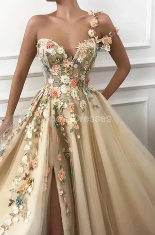 Flower Shoulder Side Slit Cute Long Evening Prom Dresses, Evening Party Prom Dresses, 12224