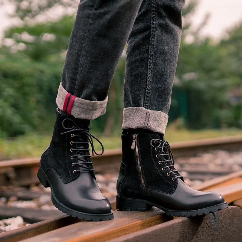 Genuine Leather Round Toe Men's Handmade Military Ankle Boots