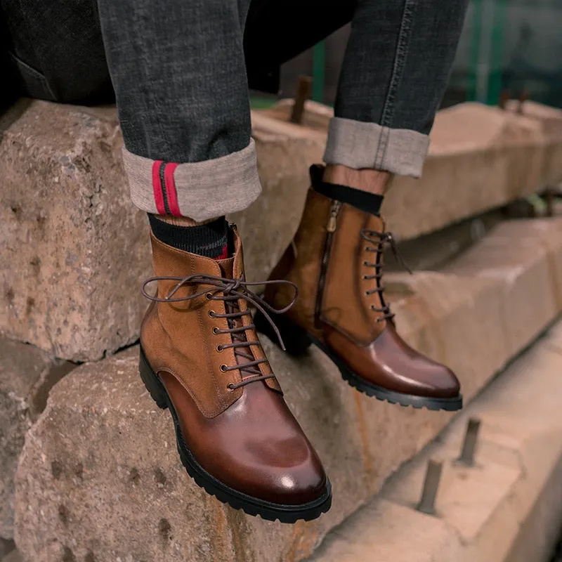 Genuine Leather Round Toe Men's Handmade Military Ankle Boots