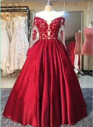 Glam Red Off Shoulder Long Sleeves Satin Prom Gown with Applique, Charming Junior Prom Dress