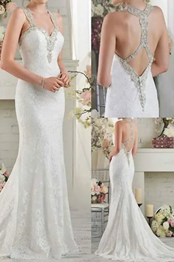 Gorgeous White Lace Mermaid Sweetheart Long Wedding Dress with Sweep Train, SW176