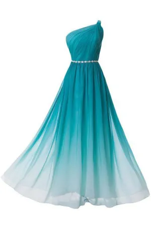 Gradient One Shoulder Long Chiffon Prom/Evening Dresses Bodice with Beaded Belt OK233