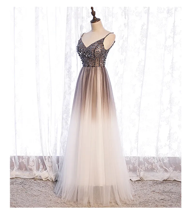 Gradient Tulle Beaded Long Party Dress, A-line Tulle Straps Formal Dress