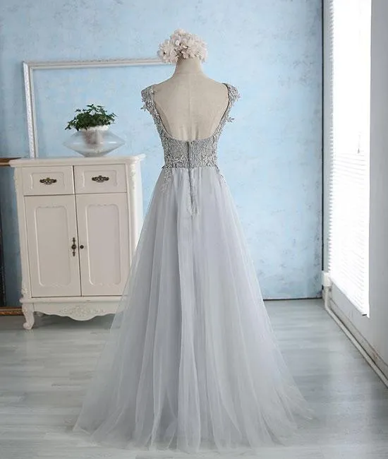 Gray Sweetheart Lace Tulle Long Prom Dress