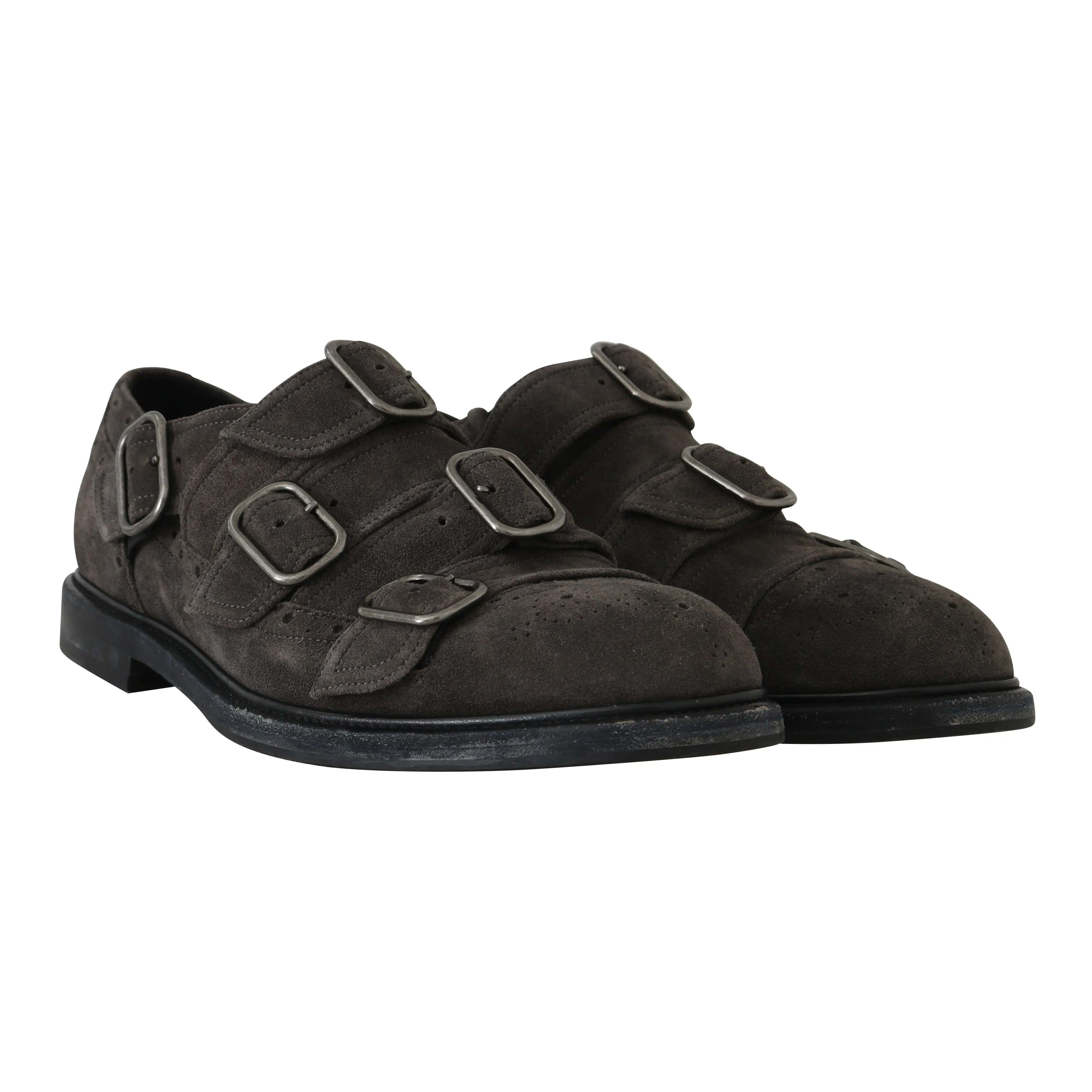 Gray Wash Leather Buckle Monkstrap Shoes
